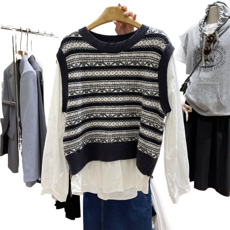 Patchwork pletený pulóver top s okrúhym výstrihom, dlhé rukávy, voľný strih, zmes polyesteru–elastanu, stredná dĺžka