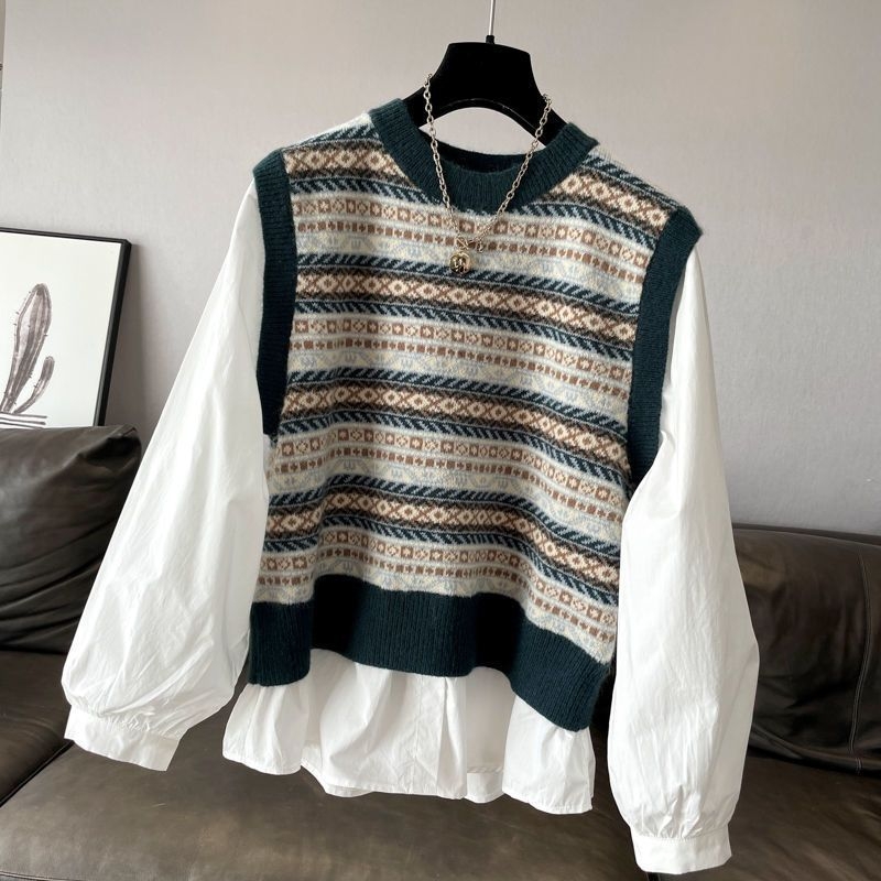 Patchwork pletený pulóver top s okrúhym výstrihom, dlhé rukávy, voľný strih, zmes polyesteru–elastanu, stredná dĺžka