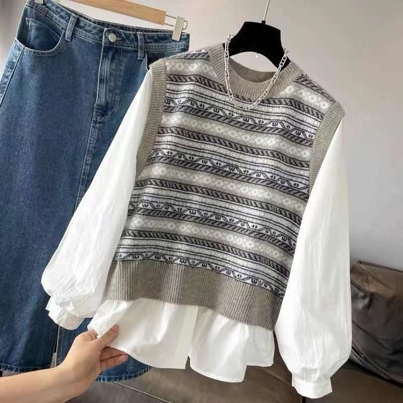 Patchwork pletený pulóver top s okrúhym výstrihom, dlhé rukávy, voľný strih, zmes polyesteru–elastanu, stredná dĺžka