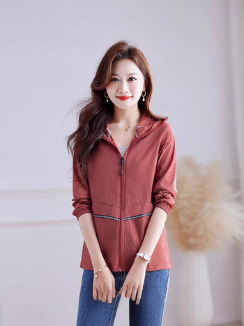 Jachetă de protecție solară din nylon pentru femei, subțire, croială lejeră, mâneci lungi cu fermoar, model geometric, stil japonez, UPF50+