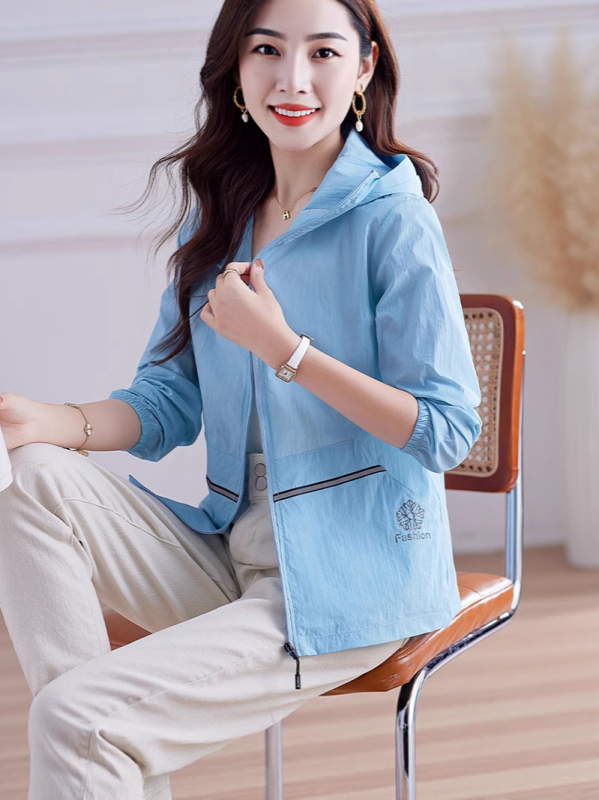 Jachetă de protecție solară din nylon pentru femei, subțire, croială lejeră, mâneci lungi cu fermoar, model geometric, stil japonez, UPF50+