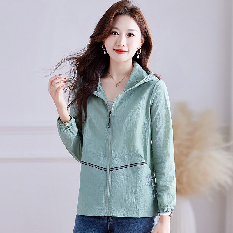 Jachetă de protecție solară din nylon pentru femei, subțire, croială lejeră, mâneci lungi cu fermoar, model geometric, stil japonez, UPF50+