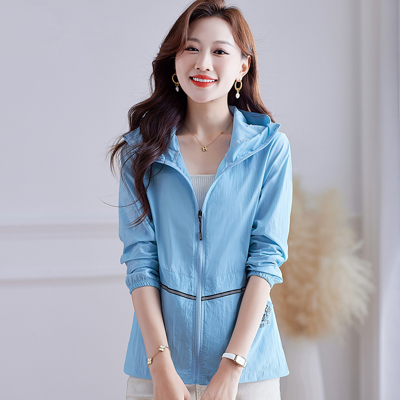 Jachetă de protecție solară din nylon pentru femei, subțire, croială lejeră, mâneci lungi cu fermoar, model geometric, stil japonez, UPF50+