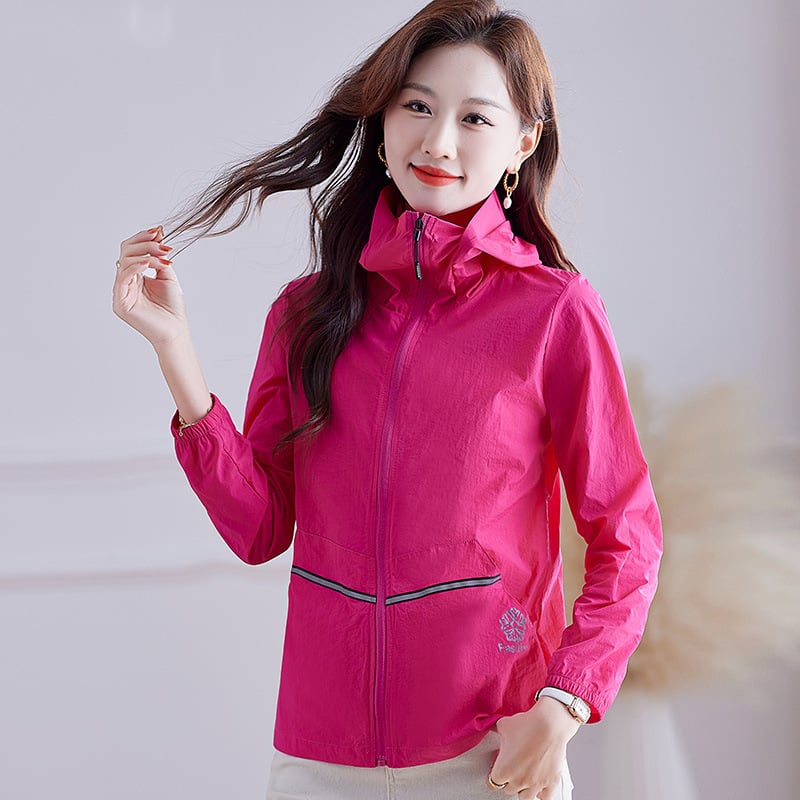 Jachetă de protecție solară din nylon pentru femei, subțire, croială lejeră, mâneci lungi cu fermoar, model geometric, stil japonez, UPF50+