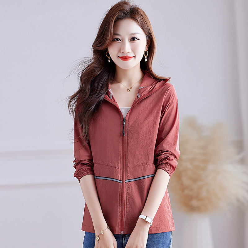 Jachetă de protecție solară din nylon pentru femei, subțire, croială lejeră, mâneci lungi cu fermoar, model geometric, stil japonez, UPF50+