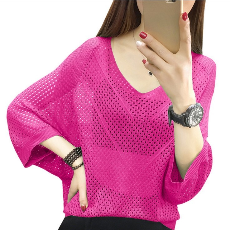 Slobodno krojeni pleteni top s V-izrezom i batwing rukavima, jednobojna, ženska bluza