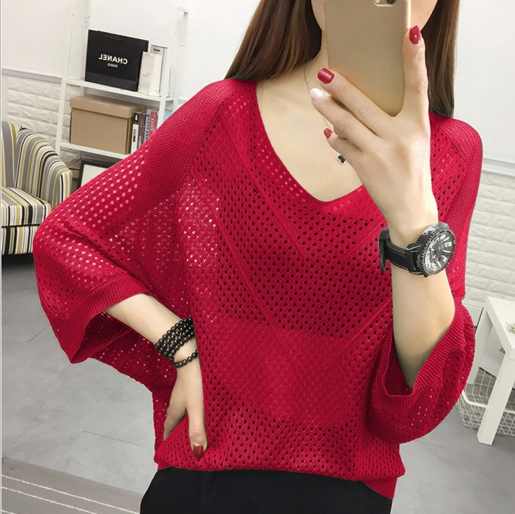 Slobodno krojeni pleteni top s V-izrezom i batwing rukavima, jednobojna, ženska bluza