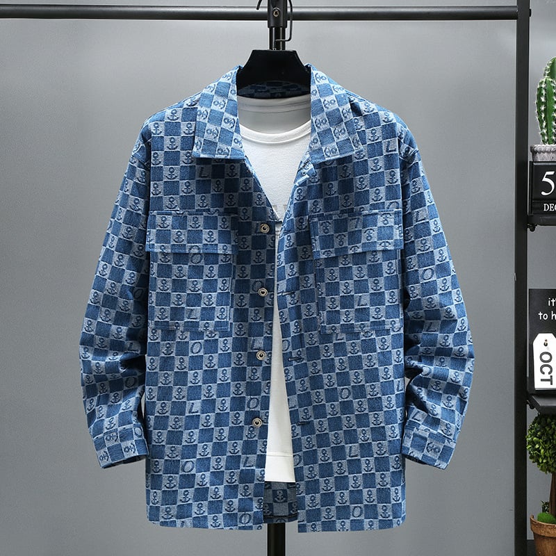 Denim dzseki, laza szabású, ingnyakú gallérrel, hosszú ujjú, egysoros gombolású, fedőzsebes zsebek