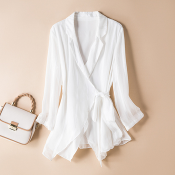 Bluză cardigan cu decolteu în V, țesătură din polyester, croială lungă, mâneci 3/4, pentru femei adulte