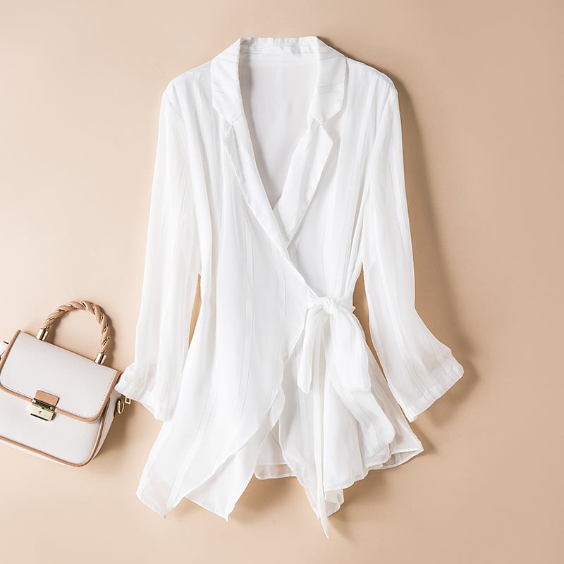 Bluză cardigan cu decolteu în V, țesătură din polyester, croială lungă, mâneci 3/4, pentru femei adulte