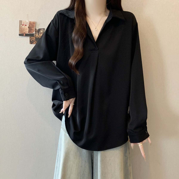 Bluză polo de damă cu mânecă lungă, culoare solidă, poliester, conținut 70-80%, croială lejeră, stil casual japonezo-coreean, glugă, lungime 50–65 cm, toamnă 2025