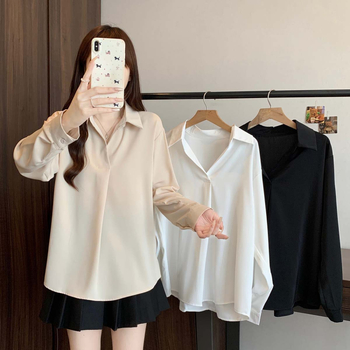 Bluză polo de damă cu mânecă lungă, culoare solidă, poliester, conținut 70-80%, croială lejeră, stil casual japonezo-coreean, glugă, lungime 50–65 cm, toamnă 2025