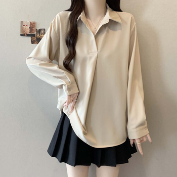 Bluză polo de damă cu mânecă lungă, culoare solidă, poliester, conținut 70-80%, croială lejeră, stil casual japonezo-coreean, glugă, lungime 50–65 cm, toamnă 2025