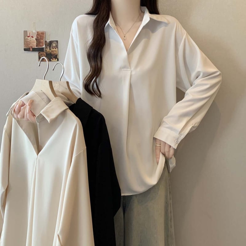 Bluză polo de damă cu mânecă lungă, culoare solidă, poliester, conținut 70-80%, croială lejeră, stil casual japonezo-coreean, glugă, lungime 50–65 cm, toamnă 2025