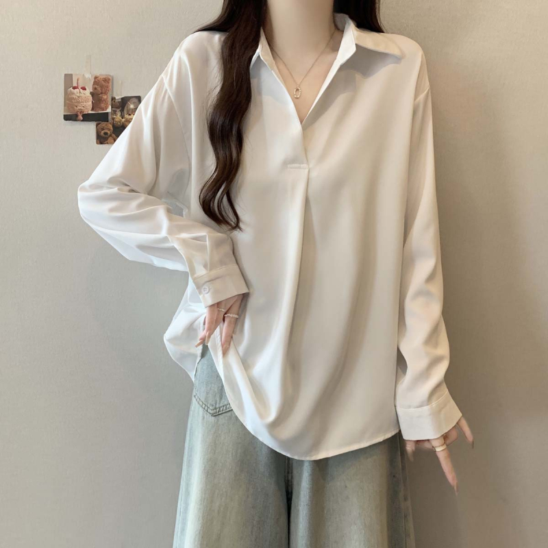 Bluză polo de damă cu mânecă lungă, culoare solidă, poliester, conținut 70-80%, croială lejeră, stil casual japonezo-coreean, glugă, lungime 50–65 cm, toamnă 2025