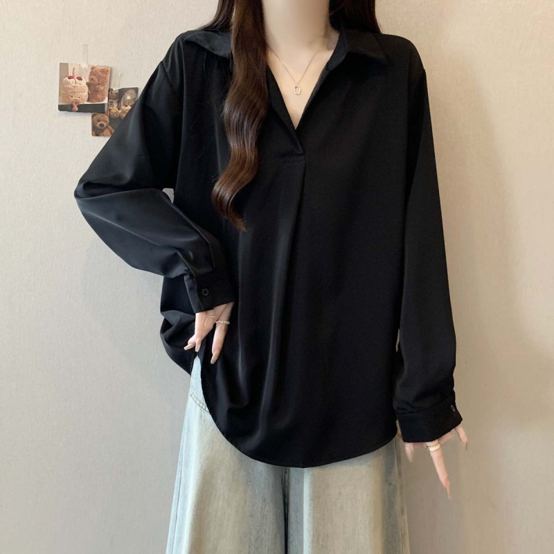 Bluză polo de damă cu mânecă lungă, culoare solidă, poliester, conținut 70-80%, croială lejeră, stil casual japonezo-coreean, glugă, lungime 50–65 cm, toamnă 2025