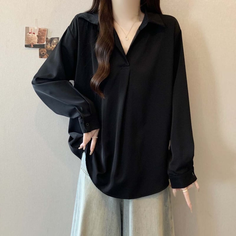 Bluză polo de damă cu mânecă lungă, culoare solidă, poliester, conținut 70-80%, croială lejeră, stil casual japonezo-coreean, glugă, lungime 50–65 cm, toamnă 2025