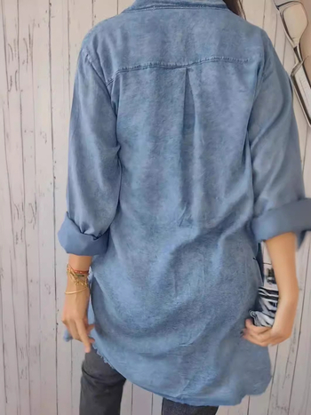 Ψεύτικο denim μακρύ πουκάμισο-ζακέτα, κομψή γραμμή, λαπέλ κολάρο, μακριά μανίκια, μεσαίου μήκους 65–80 cm, πολυεστέρας 70–80%