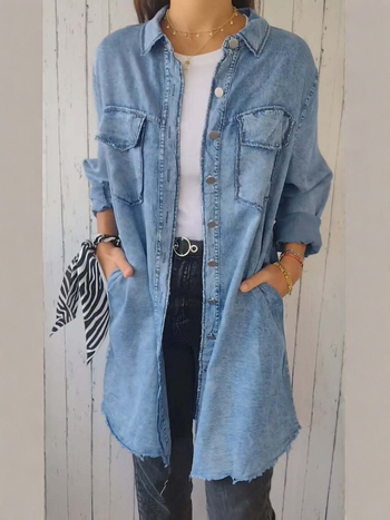 Ψεύτικο denim μακρύ πουκάμισο-ζακέτα, κομψή γραμμή, λαπέλ κολάρο, μακριά μανίκια, μεσαίου μήκους 65–80 cm, πολυεστέρας 70–80%
