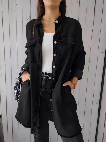 Ψεύτικο denim μακρύ πουκάμισο-ζακέτα, κομψή γραμμή, λαπέλ κολάρο, μακριά μανίκια, μεσαίου μήκους 65–80 cm, πολυεστέρας 70–80%