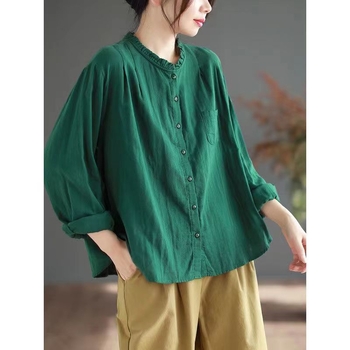 Bluza damă din bumbac cu guler de lotus, mâneci lungi, croială lejeră, 50–70% bumbac (Toamnă 2024)