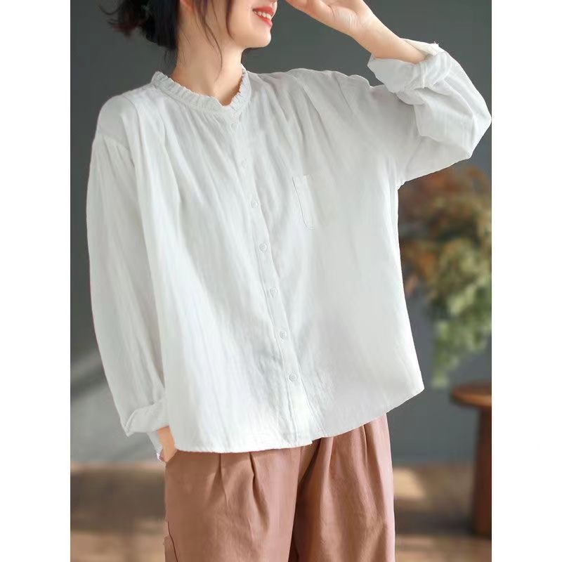 Bluza damă din bumbac cu guler de lotus, mâneci lungi, croială lejeră, 50–70% bumbac (Toamnă 2024)