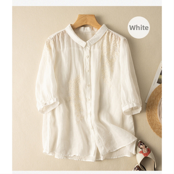 Cămașă pentru femei brodată, nasturi cu închidere simplă, guler de cămașă, croială lejeră, mâneci 3/4, siluetă cardigan, material din fibre de acril ≥95%, vară 2025