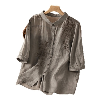 Cămașă pentru femei brodată, nasturi cu închidere simplă, guler de cămașă, croială lejeră, mâneci 3/4, siluetă cardigan, material din fibre de acril ≥95%, vară 2025