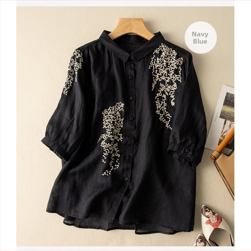 Cămașă pentru femei brodată, nasturi cu închidere simplă, guler de cămașă, croială lejeră, mâneci 3/4, siluetă cardigan, material din fibre de acril ≥95%, vară 2025