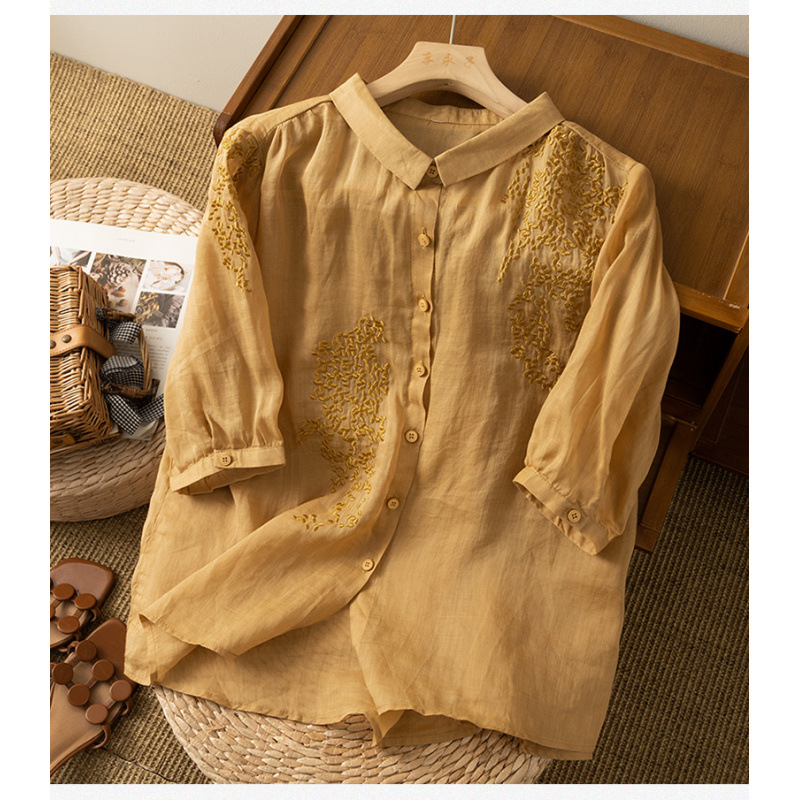 Cămașă pentru femei brodată, nasturi cu închidere simplă, guler de cămașă, croială lejeră, mâneci 3/4, siluetă cardigan, material din fibre de acril ≥95%, vară 2025