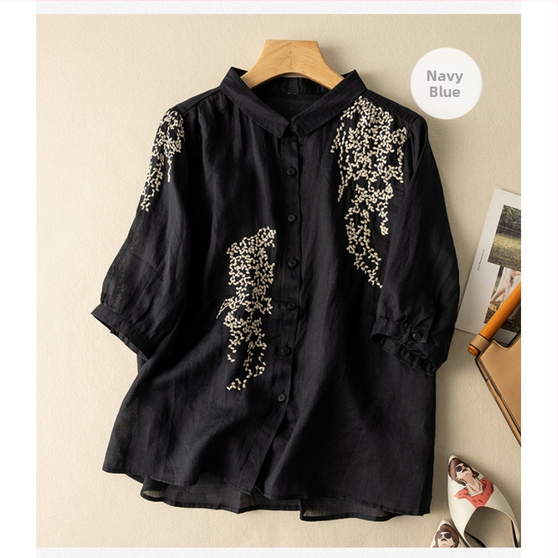 Cămașă pentru femei brodată, nasturi cu închidere simplă, guler de cămașă, croială lejeră, mâneci 3/4, siluetă cardigan, material din fibre de acril ≥95%, vară 2025