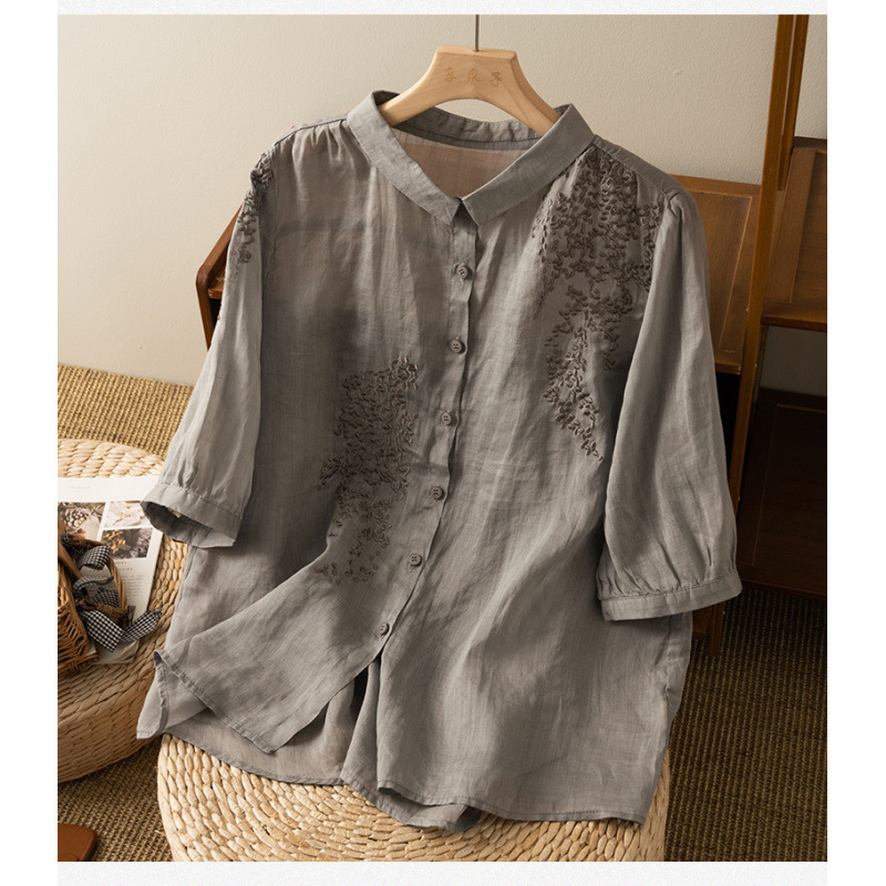 Cămașă pentru femei brodată, nasturi cu închidere simplă, guler de cămașă, croială lejeră, mâneci 3/4, siluetă cardigan, material din fibre de acril ≥95%, vară 2025
