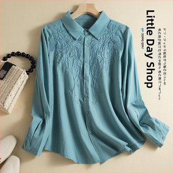 Cămașă brodată cu mâneci lungi, tăiere tridimensională, guler de cămașă, primăvara 2024, croială lejeră