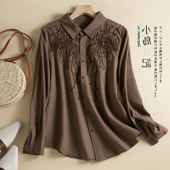 Cămașă brodată cu mâneci lungi, tăiere tridimensională, guler de cămașă, primăvara 2024, croială lejeră