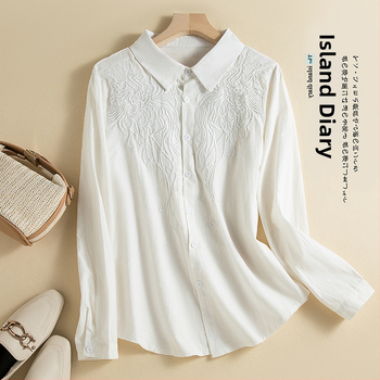 Cămașă brodată cu mâneci lungi, tăiere tridimensională, guler de cămașă, primăvara 2024, croială lejeră