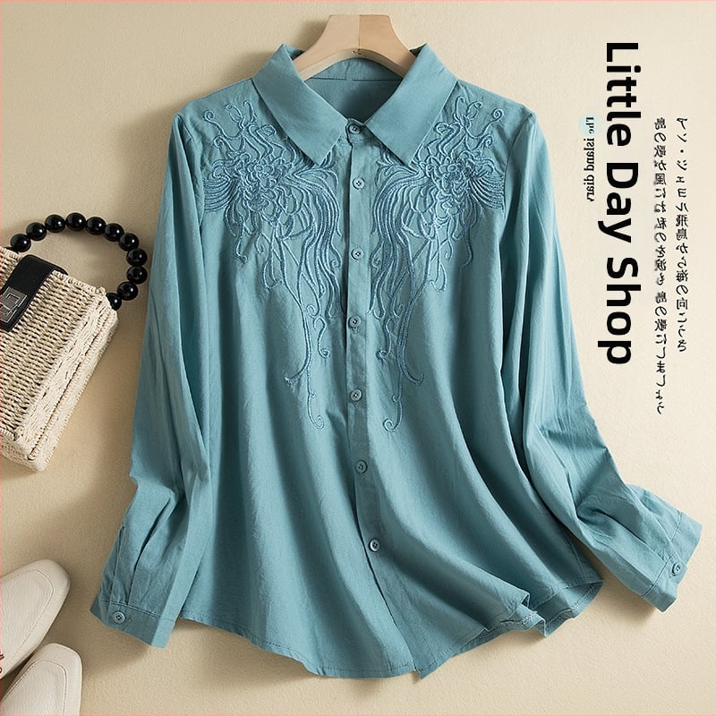 Cămașă brodată cu mâneci lungi, tăiere tridimensională, guler de cămașă, primăvara 2024, croială lejeră