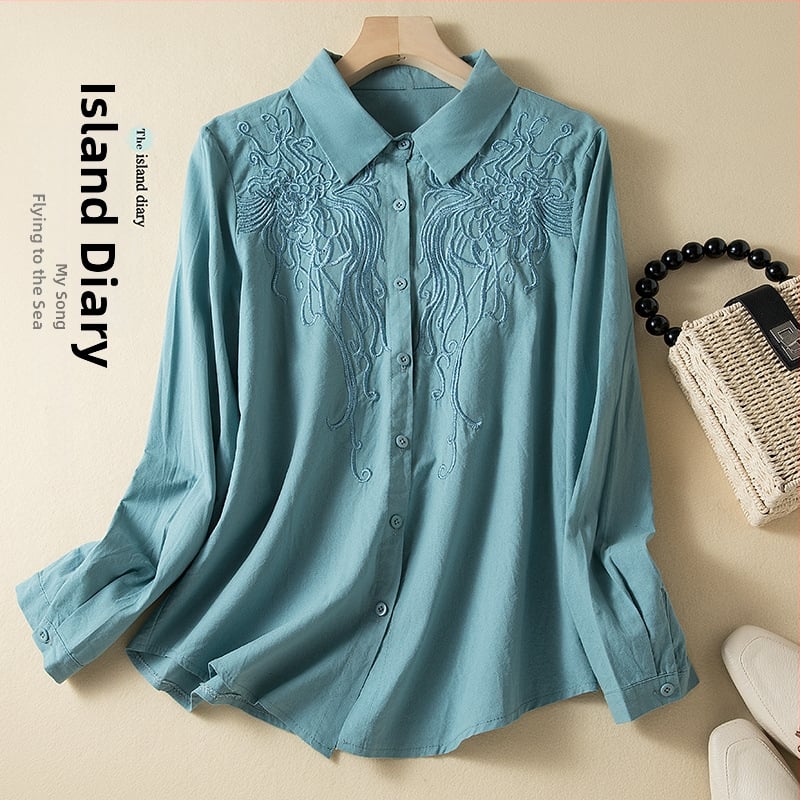 Cămașă brodată cu mâneci lungi, tăiere tridimensională, guler de cămașă, primăvara 2024, croială lejeră