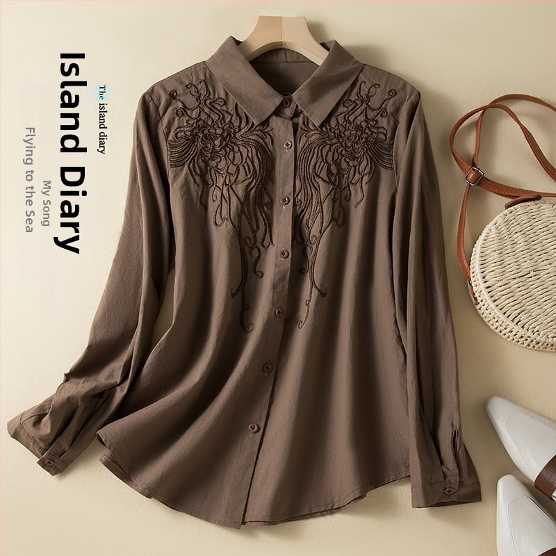 Cămașă brodată cu mâneci lungi, tăiere tridimensională, guler de cămașă, primăvara 2024, croială lejeră