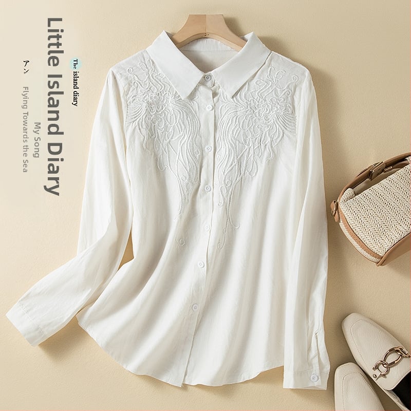 Cămașă brodată cu mâneci lungi, tăiere tridimensională, guler de cămașă, primăvara 2024, croială lejeră