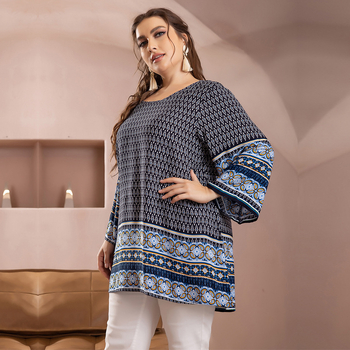 Cămașă cu guler rotund, mâneci 3/4 evazate, imprimeu floral, material din viscose, lungime lungă (80-100 cm)