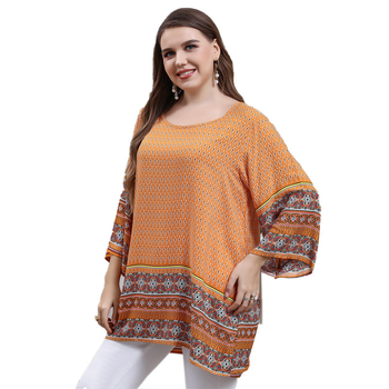 Cămașă cu guler rotund, mâneci 3/4 evazate, imprimeu floral, material din viscose, lungime lungă (80-100 cm)