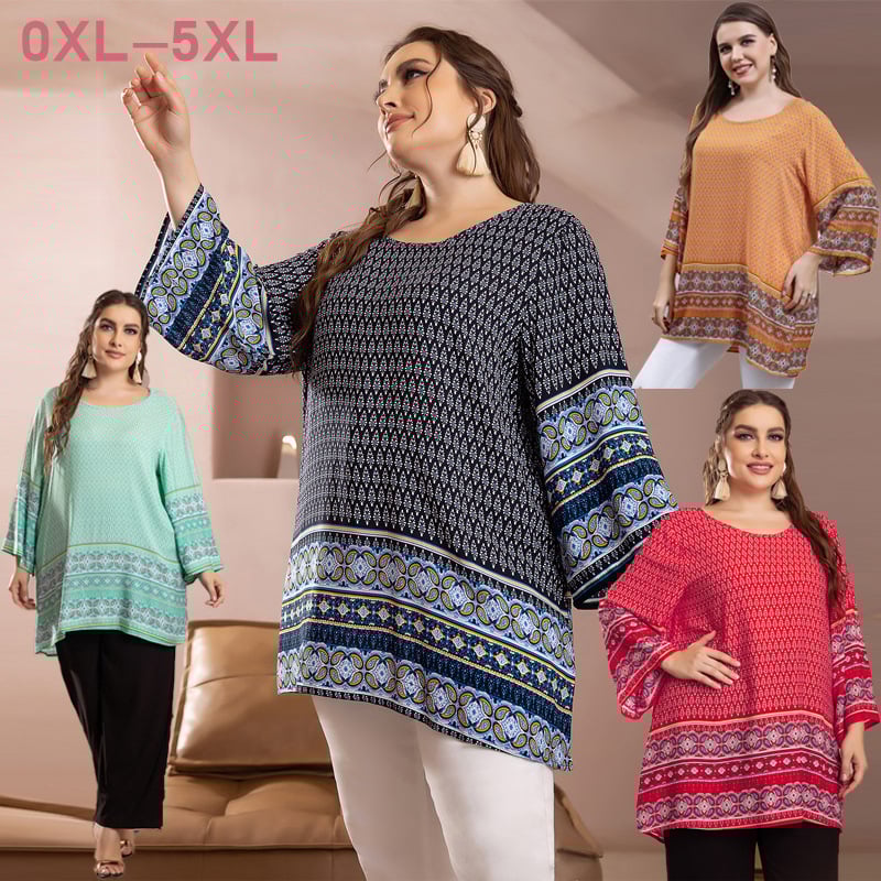 Cămașă cu guler rotund, mâneci 3/4 evazate, imprimeu floral, material din viscose, lungime lungă (80-100 cm)