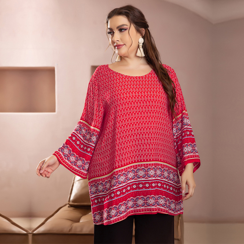 Cămașă cu guler rotund, mâneci 3/4 evazate, imprimeu floral, material din viscose, lungime lungă (80-100 cm)