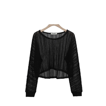 Top tricotat cu decolteu în V, mâneci lungi, croială lejeră, culoare solidă, lungime scurtă 40–50 cm, amestec din bumbac cu elastan