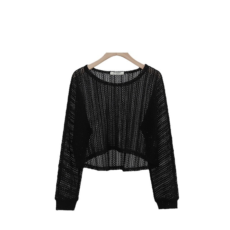 Top tricotat cu decolteu în V, mâneci lungi, croială lejeră, culoare solidă, lungime scurtă 40–50 cm, amestec din bumbac cu elastan