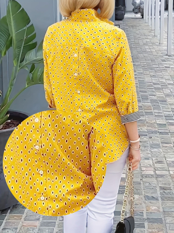 Naistele pikkade varrukatega särk sügise-talviseks hooajaks, lainete-punkti trükk, polo krae, 3/4 varrukad, keskmise pikkusega polüester