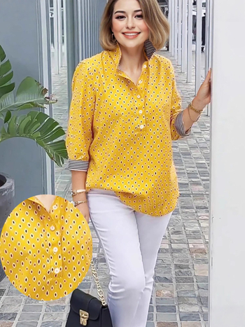 Naistele pikkade varrukatega särk sügise-talviseks hooajaks, lainete-punkti trükk, polo krae, 3/4 varrukad, keskmise pikkusega polüester