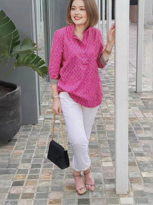 Cămașă pentru femei cu mânece lungi, pentru toamnă-iarnă, imprimeu cu valuri-punct, guler polo, mâneci 3/4, lungime medie, din poliester