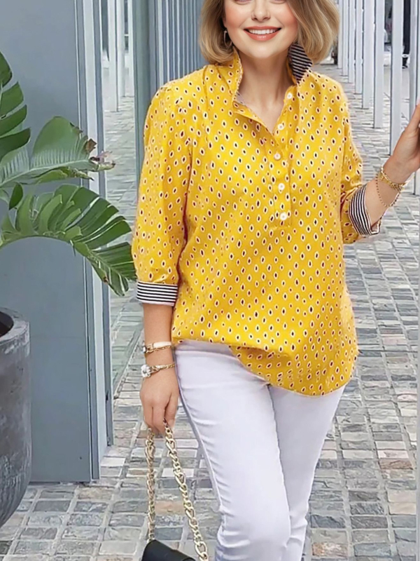 Naistele pikkade varrukatega särk sügise-talviseks hooajaks, lainete-punkti trükk, polo krae, 3/4 varrukad, keskmise pikkusega polüester