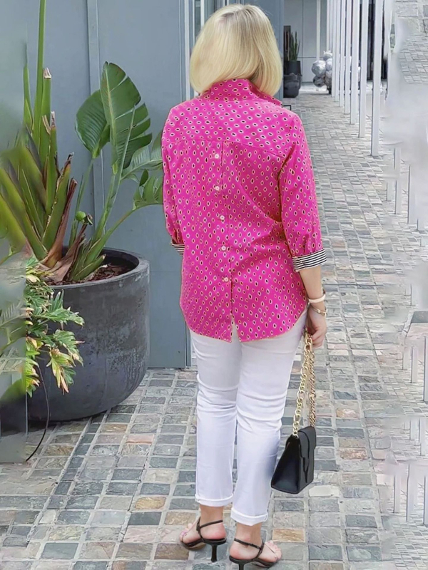 Naistele pikkade varrukatega särk sügise-talviseks hooajaks, lainete-punkti trükk, polo krae, 3/4 varrukad, keskmise pikkusega polüester